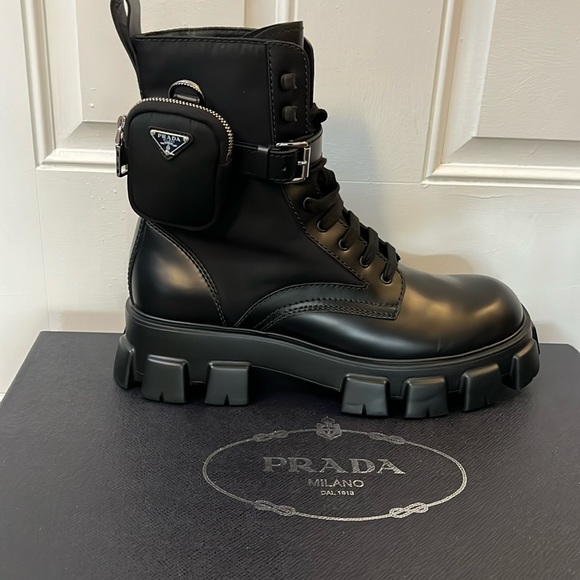 Prada Men’s Monolith brushed leather and Re-Nylon boots with pouch - Picture 2 of 8